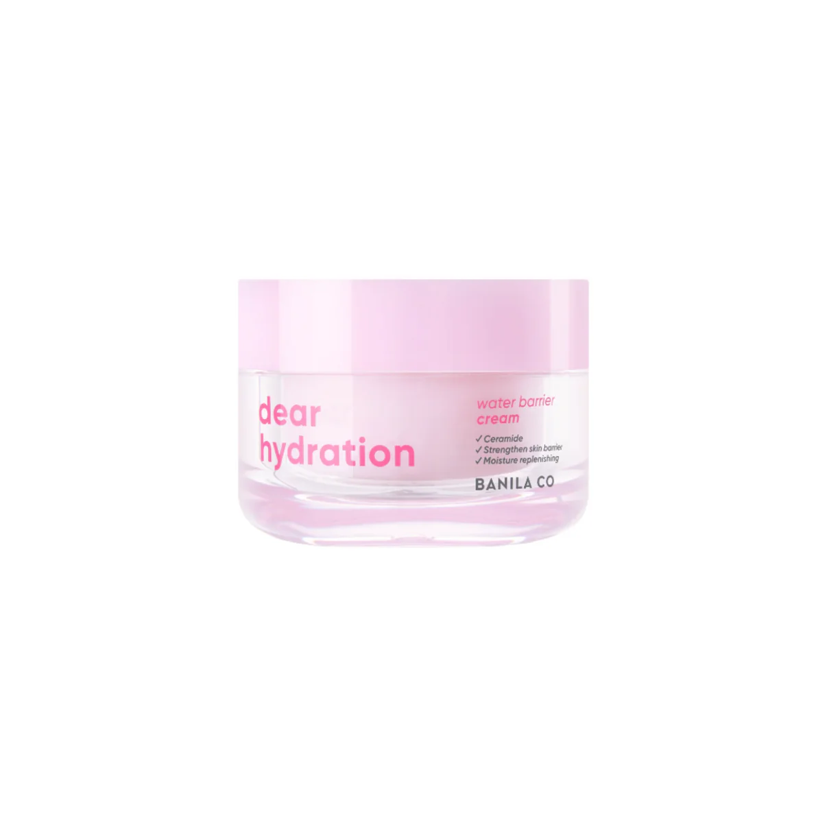 Flacon de la Dear Hydration Water Barrier Cream de Banila Co sur fond blanc, montrant sa texture légère et gélifiée. L'étiquette met en avant ses ingrédients hydratants tels que l'eau de fleur d'hamamélis et l'acide hyaluronique.